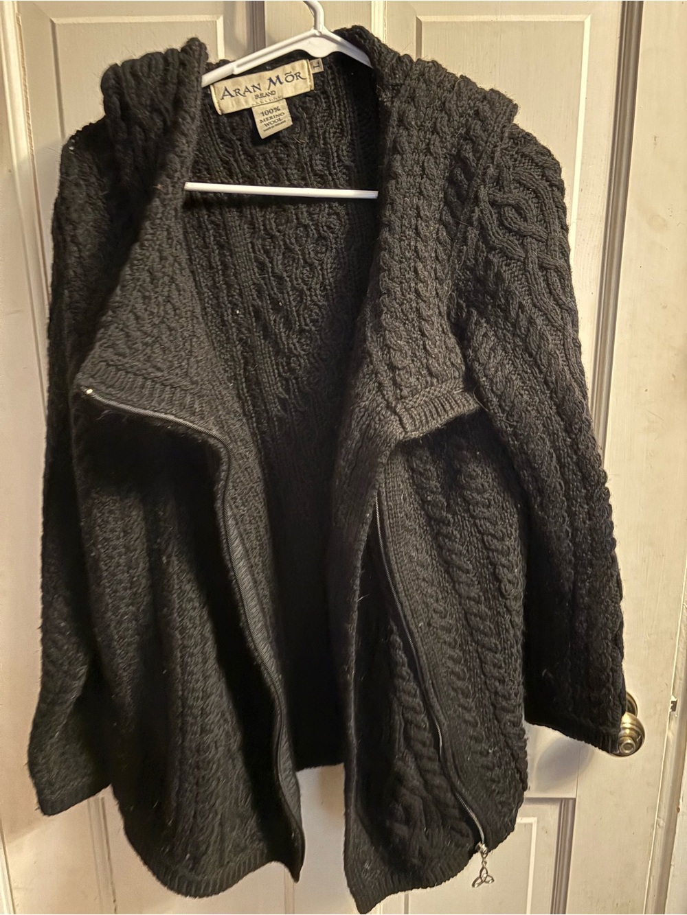 Women's Black Hooded Cable-Knit Zip Sweater Aran